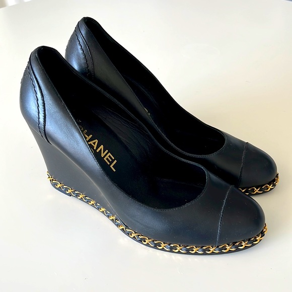 CHANEL Shoes - Chanel black leather wedge pumps